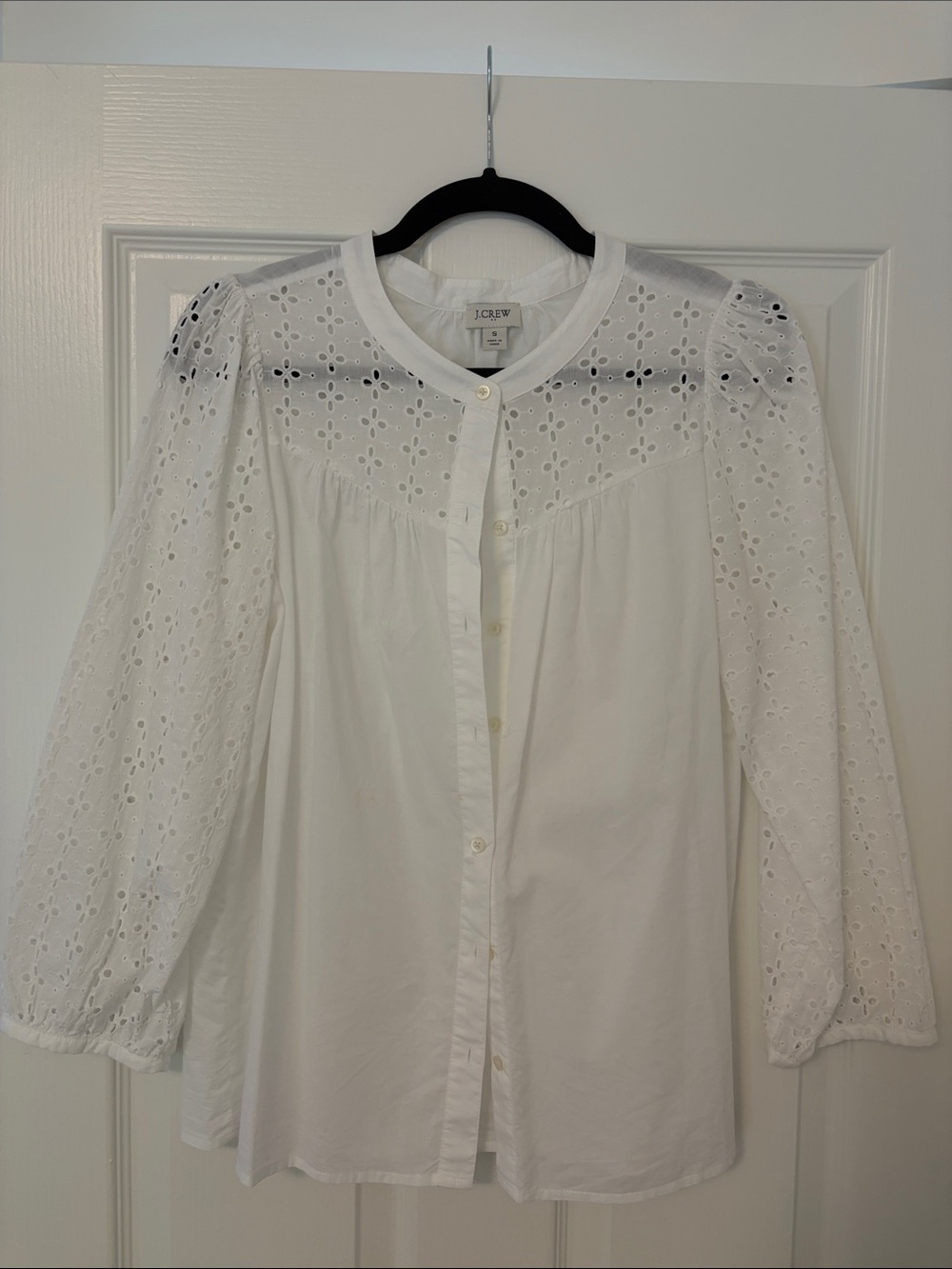 J. Crew White Eyelet Puff-Sleeve Button Blouse